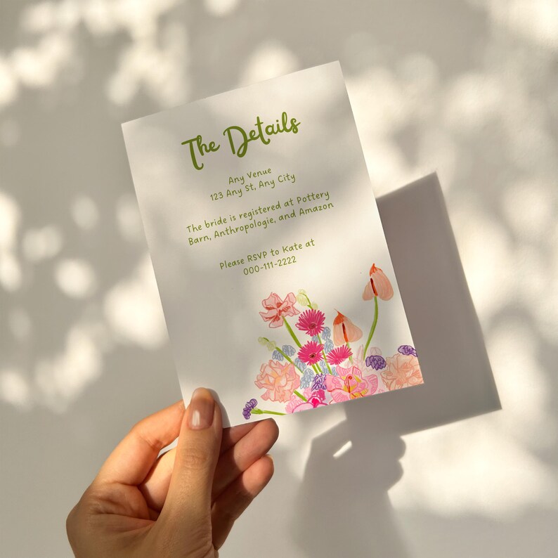 Editable bridal shower invitation template with "Fresh Off The Market" party theme. The invite has sage-green text, baby-pink stripes, and whimsical hand-drawn illustrations of flowers.