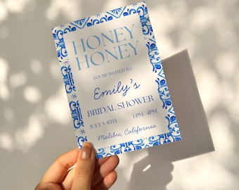 Mamma Mia Bridal Shower Invitation: Blue Tile, Editable Canva (Digital Download)