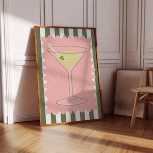 Plakat Martini w kolorze różowym i zielonym, modne wydruki na wózkach barowych, sztuka ścienna Preppy, sztuka do salonu, dekoracja ścienna do sypialni, pobieranie cyfrowe