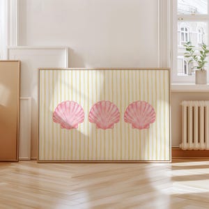 Seashell & Stripes Print in Pink and Butter Yellow, Beachy Summer Wall Art for Beach House, Apartment, or Dorm, Printable Digital