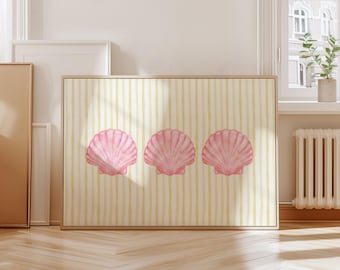 Lámina decorativa de pared con estampado de conchas rosas y rayas amarillas, estilo playero (descarga digital)
