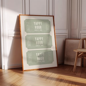 Wydruk Yappy Hour, plakat biletowy, dekoracja wózka barowego, ścienna dekoracja kuchni, dziewczęca dekoracja do akademika, mieszkania lub domu, pobieranie cyfrowe