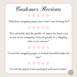 May include: A graphic display titled Customer Reviews featuring four sets of five pink stars. The text includes: Fabulous wrapping paper. Just what I was looking for! It is adorable, and the quality of paper has been a joy to use in my wrapping. Loved the wrapping paper, it looked beautiful under the tree. Loved the paper! Came packaged well and on time.