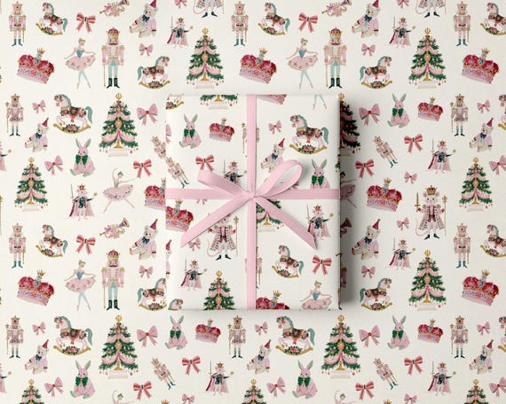 Nutcracker Gift Wrap, Pink Vintage Christmas Wrapping Paper