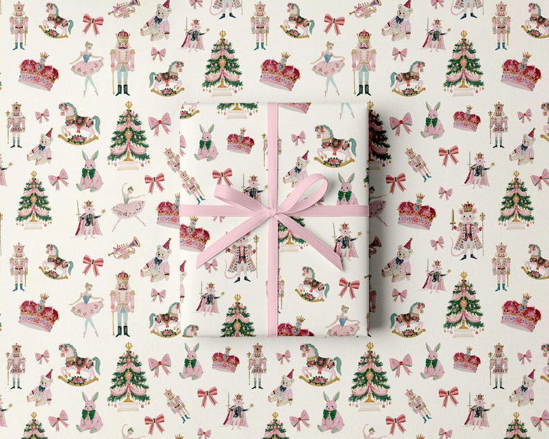 Christmas wrapping paper with watercolor nutcrackers, ballerinas, bows, rocking horses, and Christmas trees, with pastel details.