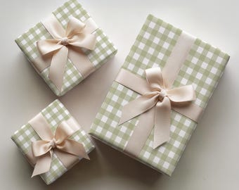 Sage Green Gingham Wrapping Paper, Christmas Gift Wrap Roll