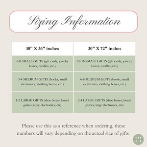 K&ouml;nnte beinhalten: Eine Gr&ouml;&szlig;entabelle mit dem Text "Sizing Information" oben. Der Leitfaden zeigt Abmessungen von 76 cm x 91 cm und 76 cm x 183 cm mit Empfehlungen zur Geschenkgr&ouml;&szlig;e. Der Text "Please use this as a reference when ordering" steht unten.