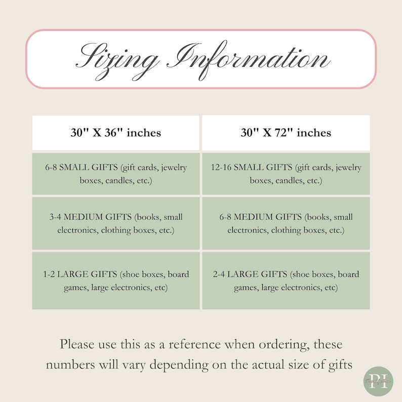 K&ouml;nnte beinhalten: Eine Gr&ouml;&szlig;entabelle mit dem Text "Sizing Information" oben. Der Leitfaden zeigt Abmessungen von 76 cm x 91 cm und 76 cm x 183 cm mit Empfehlungen zur Geschenkgr&ouml;&szlig;e. Der Text "Please use this as a reference when ordering" steht unten.