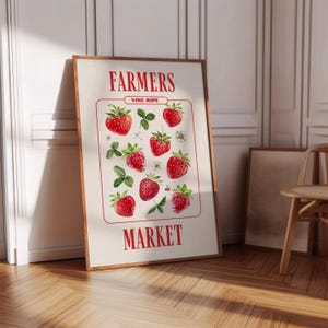 Trendy Farmer Market Poster, Erdbeeren Print, Retro Küche Wandkunst, Cottagecore Dekor für Wohnung, Wohnheim, Haus, digitaler Download