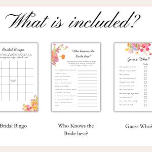 Fun bridal shower games with whimsical font, a hand-drawn floral border, and a colorful color palette. The templates are editable, printable, and can be used for "Fresh Off The Market" or "Love is Blooming" themed wedding showers.