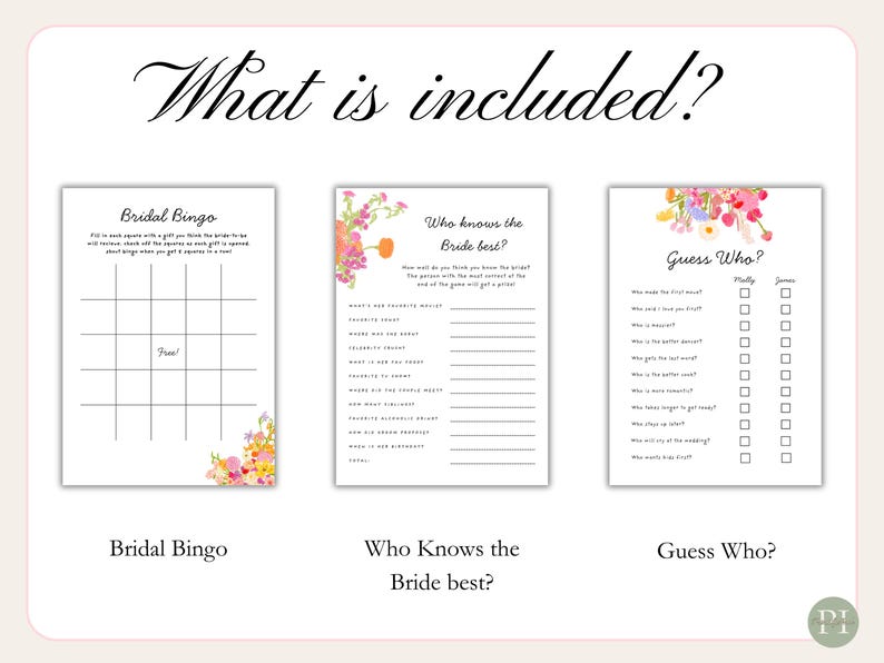 Fun bridal shower games with whimsical font, a hand-drawn floral border, and a colorful color palette. The templates are editable, printable, and can be used for "Fresh Off The Market" or "Love is Blooming" themed wedding showers.