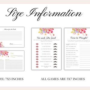 Fun bridal shower games with whimsical font, a hand-drawn floral border, and a colorful color palette. The templates are editable, printable, and can be used for "Fresh Off The Market" or "Love is Blooming" themed wedding showers.