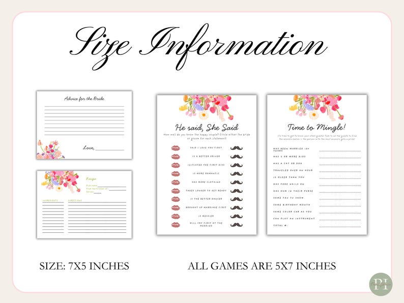 Fun bridal shower games with whimsical font, a hand-drawn floral border, and a colorful color palette. The templates are editable, printable, and can be used for "Fresh Off The Market" or "Love is Blooming" themed wedding showers.