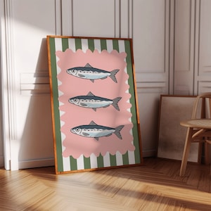 ピンクとグリーンのイワシのプリント - バーカート、寮の部屋、自宅に飾るおしゃれなウォールアート - 印刷可能な美しいポスター