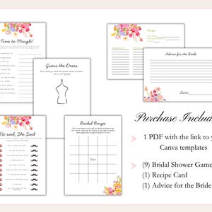Fun bridal shower games with whimsical font, a hand-drawn floral border, and a colorful color palette. The templates are editable, printable, and can be used for "Fresh Off The Market" or "Love is Blooming" themed wedding showers.
