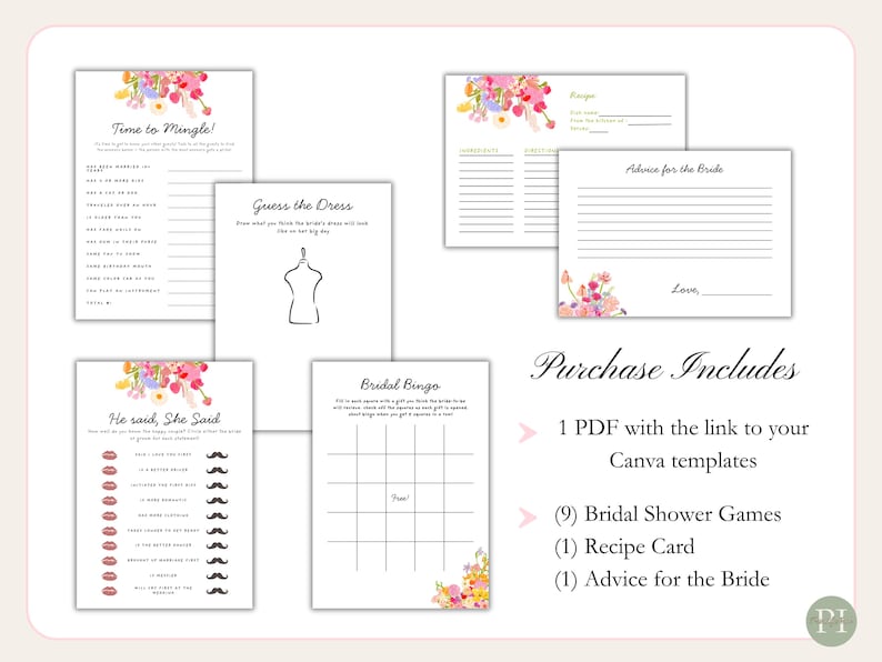 Fun bridal shower games with whimsical font, a hand-drawn floral border, and a colorful color palette. The templates are editable, printable, and can be used for "Fresh Off The Market" or "Love is Blooming" themed wedding showers.