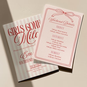 Uitnodiging vrijgezellenfeest in roze en rood - Girls Gone Mild, reisplansjabloon (bewerkbaar)