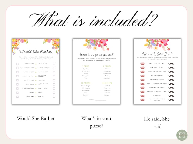 Fun bridal shower games with whimsical font, a hand-drawn floral border, and a colorful color palette. The templates are editable, printable, and can be used for "Fresh Off The Market" or "Love is Blooming" themed wedding showers.
