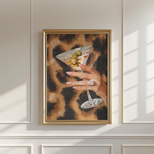 Martini-affisch, leopardmönster med flickmotiv, utskrivbar väggkonst - digital nedladdning