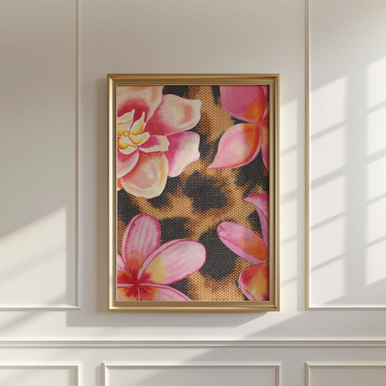 Póster con estampado de leopardo, estampado floral rosa, arte de pared imprimible para chicas - Descarga digital imagen 1