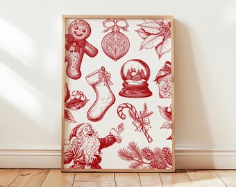 Vintage Christmas Collage Print, Red Holiday Wall Art, Digital Download