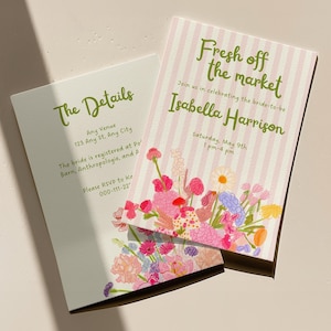 Editable bridal shower invitation template with "Fresh Off The Market" party theme. The invite has sage-green text, baby-pink stripes, and whimsical hand-drawn illustrations of flowers.