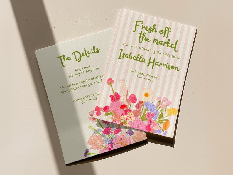 Editable bridal shower invitation template with "Fresh Off The Market" party theme. The invite has sage-green text, baby-pink stripes, and whimsical hand-drawn illustrations of flowers.