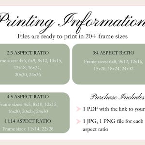 Op de afbeelding: Een cr&egrave;mekleurige afbeelding met de tekst "Printing Information" in elegant schrift. Het bevat formaten voor verschillende beeldverhoudingen, waaronder 4x6, 6x9, 8x12, 10x15, 12x18, 16x24, 20x30 en 24x36 inch.