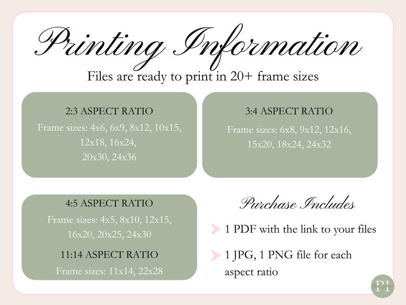 Op de afbeelding: Een cr&egrave;mekleurige afbeelding met de tekst "Printing Information" in elegant schrift. Het bevat formaten voor verschillende beeldverhoudingen, waaronder 4x6, 6x9, 8x12, 10x15, 12x18, 16x24, 20x30 en 24x36 inch.