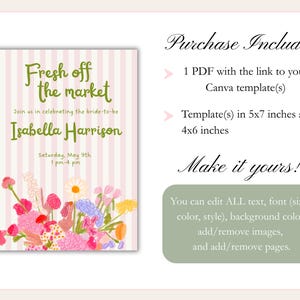 Editable bridal shower invitation template with "Fresh Off The Market" party theme. The invite has sage-green text, baby-pink stripes, and whimsical hand-drawn illustrations of flowers.