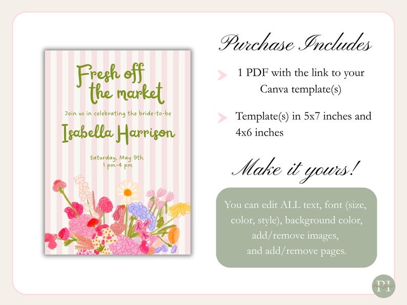 Editable bridal shower invitation template with "Fresh Off The Market" party theme. The invite has sage-green text, baby-pink stripes, and whimsical hand-drawn illustrations of flowers.