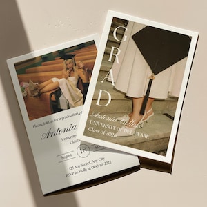 May include: Two graduation announcement cards. One card features a photo of a person in a graduation gown. The other card has the word GRAD in large letters. The cards include the graduate's name, university, and graduation year.