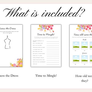 Fun bridal shower games with whimsical font, a hand-drawn floral border, and a colorful color palette. The templates are editable, printable, and can be used for "Fresh Off The Market" or "Love is Blooming" themed wedding showers.
