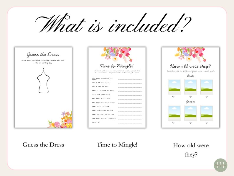 Fun bridal shower games with whimsical font, a hand-drawn floral border, and a colorful color palette. The templates are editable, printable, and can be used for "Fresh Off The Market" or "Love is Blooming" themed wedding showers.