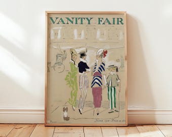 Może przedstawiać: Oprawiona, zabytkowa ilustracja okładki magazynu "Vanity Fair". Grafika przedstawia cztery postacie w strojach z epoki, z tytułem w zielonych literach. Postacie znajdują się w jasnym otoczeniu, z psem i powozem w tle.