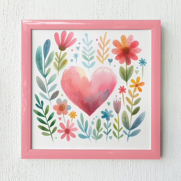 Valentine's Day Watercolor Heart and Flowers, Whimsical Love Illustration, Botanical Artwork, Romantic Decor, Sweetheart Gift, Couple Art