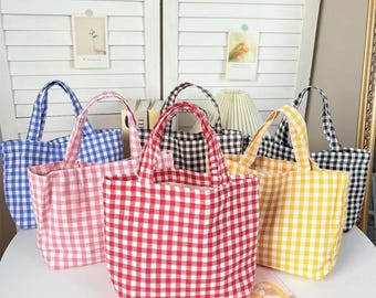 Kleine Tote Bag Damen – Retro Karo Schultertasche – Leichte Stofftasche – Wiederverwendbar & Stylisch