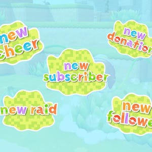 Op de afbeelding: Afbeelding met vijf kleurrijke tekstballonnen tegen een lichtblauwe achtergrond. Elke ballon heeft een groen pixelachtig ontwerp en de woorden "new cheer", "new donation", "new subscriber", "new raid" en "new follower".