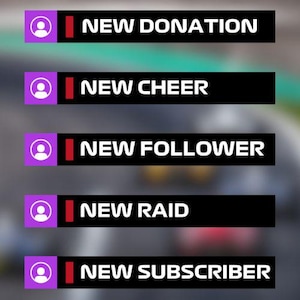 Può includere: Una serie di cinque banner neri con testo bianco e dettagli viola e rossi. Ogni banner presenta una silhouette bianca di una persona e le parole "NEW DONATION", "NEW CHEER", "NEW FOLLOWER", "NEW RAID" e "NEW SUBSCRIBER".