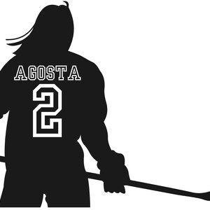 May include: Black and white silhouette of a hockey player wearing a jersey with the name "AGOSTA" and the number "2" on it. The player is holding a hockey stick.