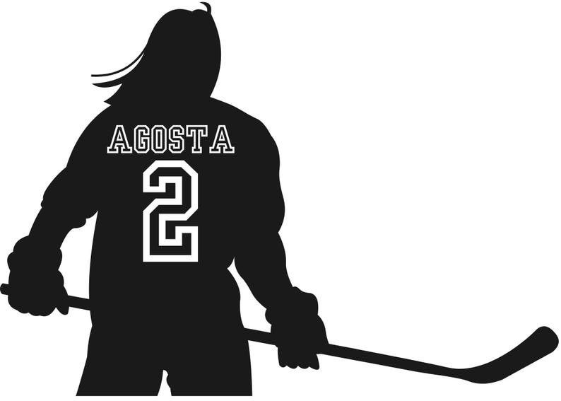 May include: Black and white silhouette of a hockey player wearing a jersey with the name "AGOSTA" and the number "2" on it. The player is holding a hockey stick.