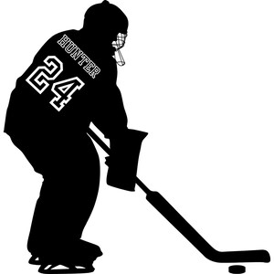 May include: Black and white silhouette of a hockey player wearing a jersey with the number 24 and the name "Hunter" on the back. The player is holding a hockey stick and is in a skating position.