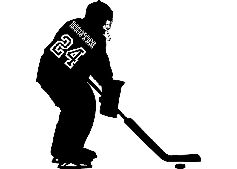 May include: Black and white silhouette of a hockey player wearing a jersey with the number 24 and the name "Hunter" on the back. The player is holding a hockey stick and is in a skating position.