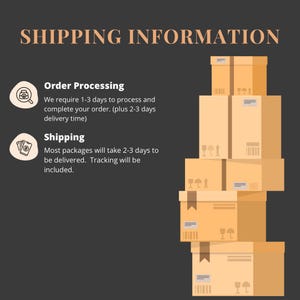 Puede incluir: Ilustraci&oacute;n de una pila de cajas de cart&oacute;n marrones con texto que dice "Informaci&oacute;n de env&iacute;o". El texto tambi&eacute;n incluye "Procesamiento de pedidos" y "Env&iacute;o" con detalles sobre los tiempos de procesamiento y env&iacute;o.