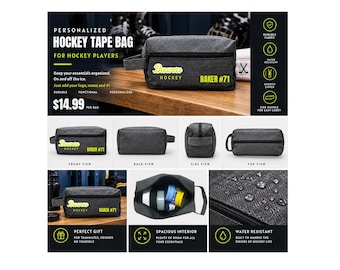 May include: A charcoal gray rectangular hockey tape bag featuring a side handle, a black zipper, and yellow text that reads Brewers Hockey and BAKER #71. The bag is shown from multiple angles, including an open view with tape rolls inside.