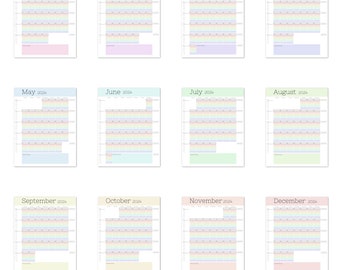 Calendrier familial 2024-2025, modèle de calendrier imprimable et modifiable 11 x 14 pouces, organisation familiale, design moderne arc-en-ciel pastel