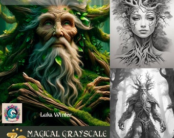 Dryads and Ents | 30 magical grayscale coloring pages | Dryad, Ent | Fantasy Art | Adult Coloring Pages | Printable PDF | Instant Download