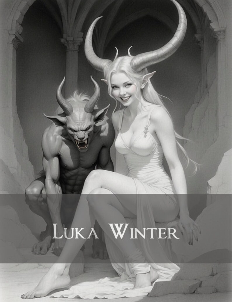 May include: A black and white illustration of a woman with horns and a white dress sitting with a horned, furry creature. The woman is smiling and the creature has a fierce expression. The text "LUKA WINTER" is at the bottom of the image.