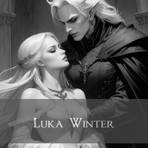 May include: A black and white photograph of a couple. The woman is wearing a white dress and a crown of flowers. The man is wearing a dark suit and a cape. The text "LUKA WINTER" is visible at the bottom of the image.