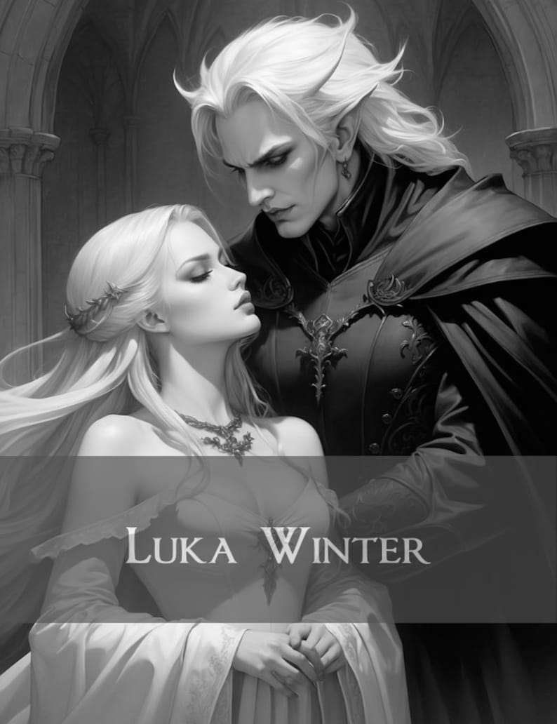 May include: A black and white photograph of a couple. The woman is wearing a white dress and a crown of flowers. The man is wearing a dark suit and a cape. The text "LUKA WINTER" is visible at the bottom of the image.